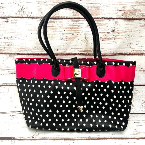 Betsey Johnson Handbags - BETSEY JOHNSON Black White Polka Dot Tote Bag Pink Scalloped Trim Bow Large